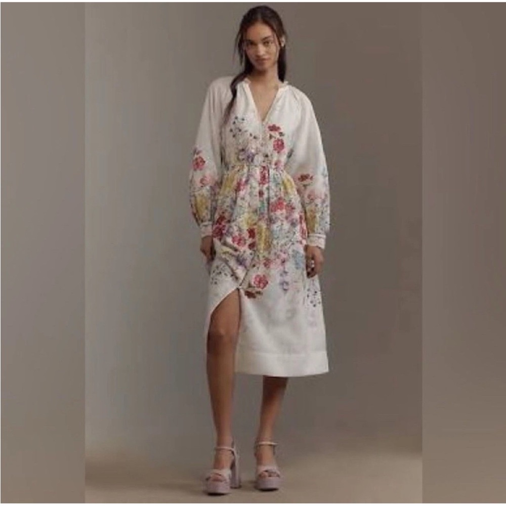 Anthropologie Let Me Be Midi Dress Long Sleeve V Neck Ivory Floral Preppy 3X